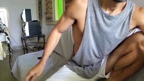 Latino muscle jock jerks off hard to intense orgasm face and cumshot