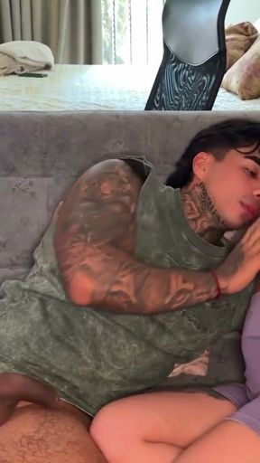 Hot Milf Mariana Sandoval Gets Her Tattooed Friend Christian Chaux To Fuck Him On The Couch   Clip 1
