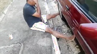 Latin daddy bear pissing on the bar sidewalk