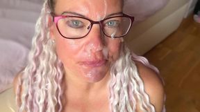 lenushka doll: blonde milf with glasses takes huge facial – thick cum splash on her face! she deserved every drop.
