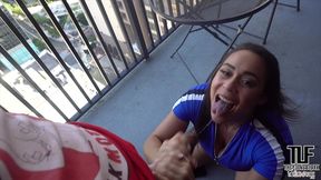 sexy carmela clutch gets a mouthful on balcony