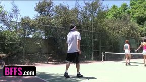 BFFS - Horny Tennis Coach Lifts His Students' Mini Skirts And Pounds Their Wet Pussies On The Field