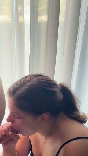 amateur WIFE gives blowjob, and gets facial by the window so neighbours could watch!   Clip 1
