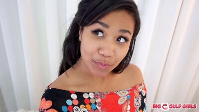 Lovely ebony cutie goes on her knees to suck a fat white dick POV