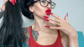 RED matte color Long nails, claws, long flexible fingers wide palms, skin scratching, red lipstick