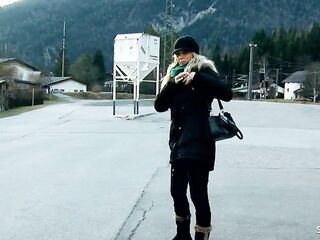German golden-haired Aged Julia Pink suck wang and get cum on Bazookas at real User Date with normal Hunk