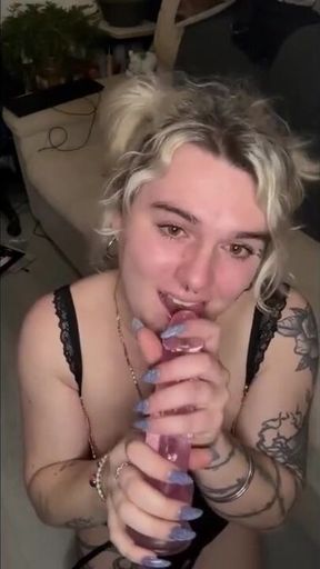 Goth Blonde Tgirl Gags Black Dildo In Lace Then Rides To Gushing Anal Cumshot