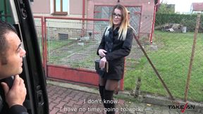 Hot secretary convinced to fuck in van with horny stranger