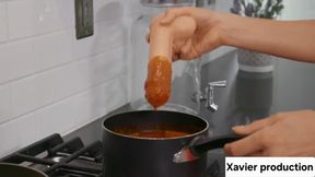 Slutty blonde milf uses toys in the kitchen as accessories to cook when the guest arrives she starts giving him a deep blowjob then she gets fucked in