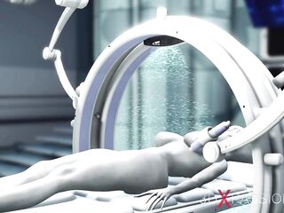 Hawt sci-fi female android plays with an alien in the surgery room in the space station
