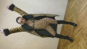 Asian Sissy Ladyboy in Sexy Leopard Coat and Leopard Suit and in High Heels Showing Her Sexy Body