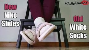 New Nike Slides and White Ankle Socks - Shoeplay Dangling Toe Tapping Sandals Foot Fetish - MissBohemianX - SD MP4
