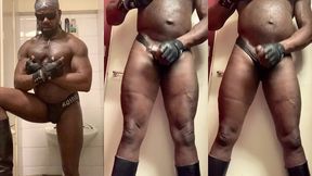 black muscle geared in tight trunks solo nipple play edge & cum