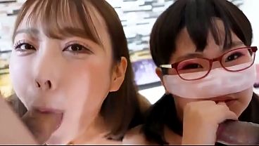 Two Japanese girls. Orgy, chubby big tits amateur blowjob and creampie sex. Uncensored, Asian, hentai,