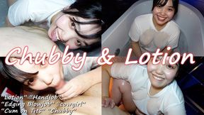 In a bath with lotion, a masochistic man ejaculates on her breasts after a hard handjob and cowgirl position