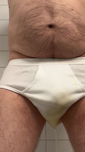 Dad Pissing His New White Briefs