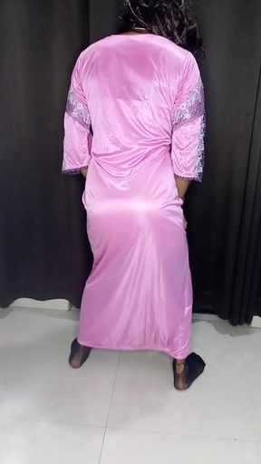 Pink satin nighty and tit bra panty Looking so sexy