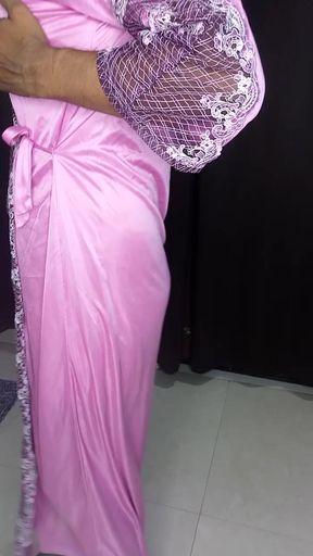 Pink satin nighty and tit bra panty Looking so sexy