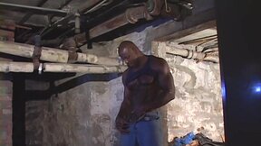 The big black dude jerks off in his secret haven at home the basement