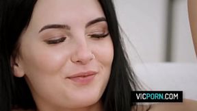 Hot busty babe Simon Kitty takes deepthroated and fucked hard on their new sofa