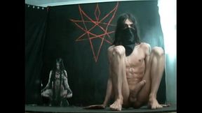 skinny crossdresser with long hair masturbating and showing feet