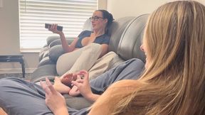 College Babes Ama Rio & Tyler Lynn Play Barefoot Footsies on Couch | Blonde Foot Fetish | Brunette Soles | Girls Playing Footsies
