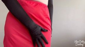 Red Slip Black Yellow Panties Black Gloves Tease SFW