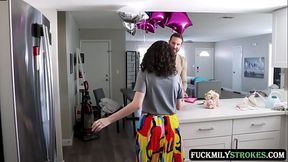 Horny stepdaughter Satine Summers sucks her stepdad'_s cock to give her stepmom a present for the day until she ends up fucking the stepmom Agatha Delicious in a wild and pleasurable threesome.