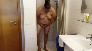 German PLUMPER COUGAR 53 with inborn boobies & sensitive tummy takes a douche