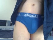 Kudoslong close-up in blue briefs as he takes out his cock pulls back his foreskin and wanks