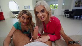 Petite Blonde's Pushy Threesome Turns into Wild Indoor Passion