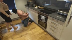 Ballbusting, trampling and foot worship in a sexy outfit and pretty summer sandals