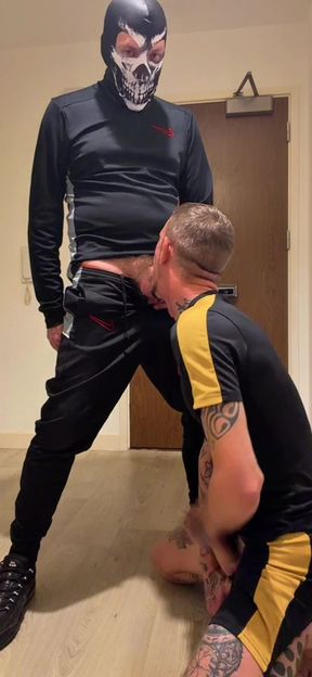 On my knees. Door opens. Hung dick chav walks in then  soaks my face