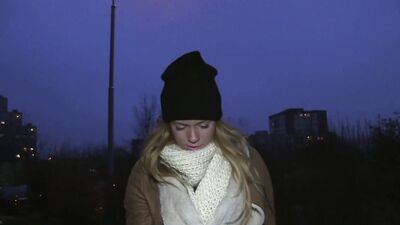 Beautiful Czech blonde sucks stranger's dick outdoors at night