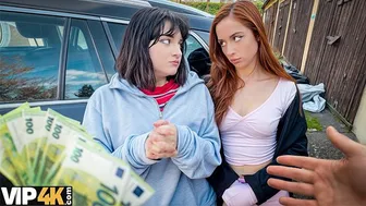Amateur redhead Audrey and her lesbian lover share a stranger's cock for cash