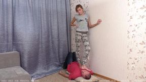 Coquette in leggings steps on face of mature male (1009, 720p)