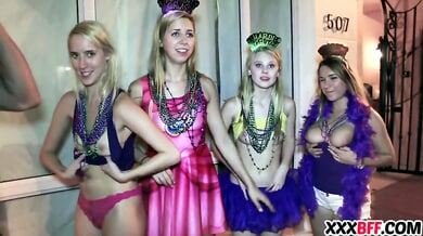 Costumed friends give in to desire during Mardi Gras狂欢 and share a hardcore fuck on a hidden balcony with beads flying