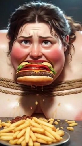 Tied up SSBBW Eats Massive Meal While Kneeling - Belly Stuffing