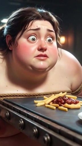 Tied up SSBBW Eats Massive Meal While Kneeling - Belly Stuffing