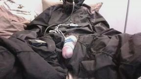 Self enjoyment wearing snow bibs and nylon rain jacket