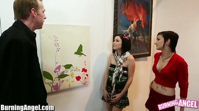 Gothic art gallery threesome with Veruca James, Nikki Hearts and Mark Wood in fishnets and plaid