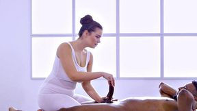 Big-titted masseuse seducing client on massaging table