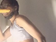 Queer black femboy sucks and rides dildo in bra and panties