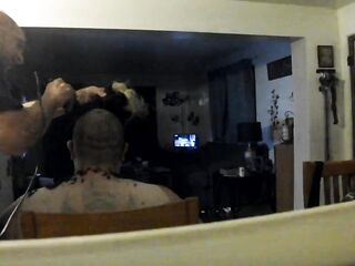 big beautiful woman headshave rear view