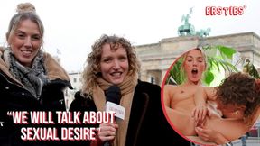 Two hot blonde babes talk sexual desires and show off shaved pussy