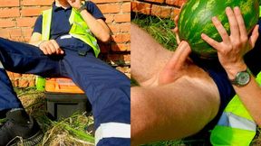 Builder smashed firm watermelon