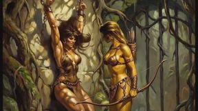 Barbarian Amazonian warrior woman chained in BDSM bondage in a fantasy jungle