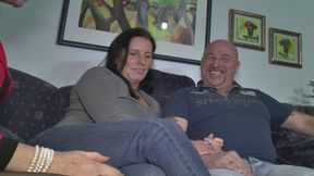 Slutty German MILF rides dick in front of big boobed cougar