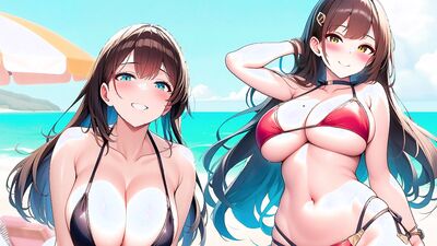 Angry Spanish roleplay with hot big-titted cartoon babes milked & jizzed on the beach