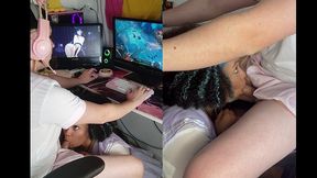 blowjob while playing games on my trans gf